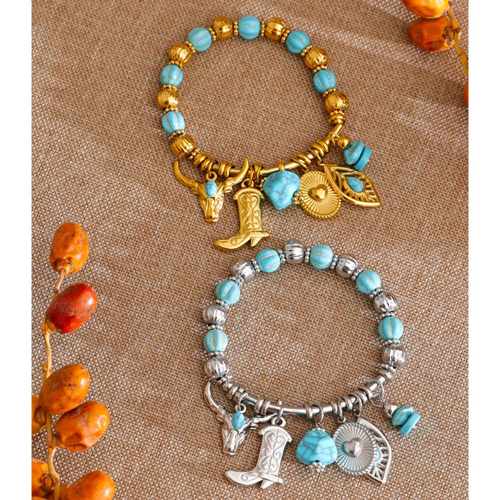 Isalene  Yhpup 2026 Stainless Steel Handmade Jewelry Turquoise Stone Beads Chain Shoes Heart Leaf Drop Charm Statement Bracelet Bangle