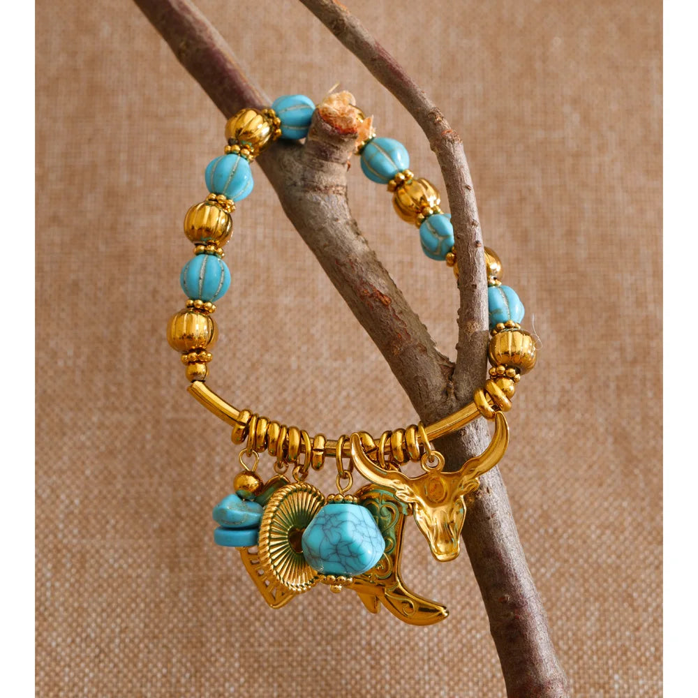 Isalene  Yhpup 2026 Stainless Steel Handmade Jewelry Turquoise Stone Beads Chain Shoes Heart Leaf Drop Charm Statement Bracelet Bangle