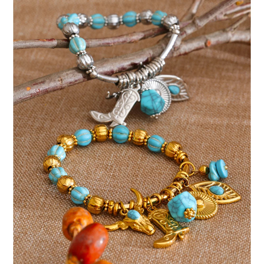 Isalene  Yhpup 2026 Stainless Steel Handmade Jewelry Turquoise Stone Beads Chain Shoes Heart Leaf Drop Charm Statement Bracelet Bangle