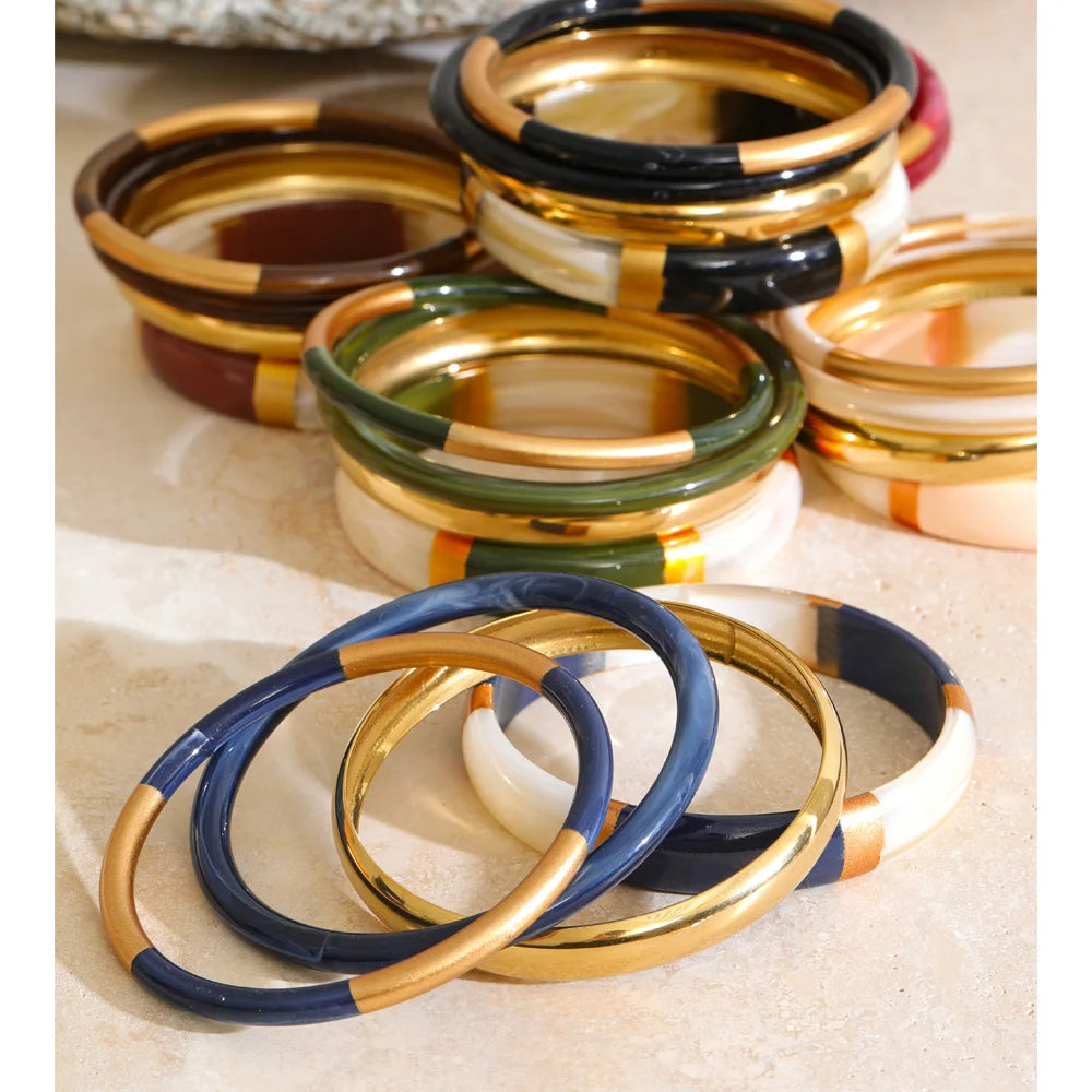 Isalene  Yhpup 65mm 1Set Stainless Steel Resin Round Layered Bangle Bracelet Multi-Color Autumn Winter Statement Jewelry Waterproof