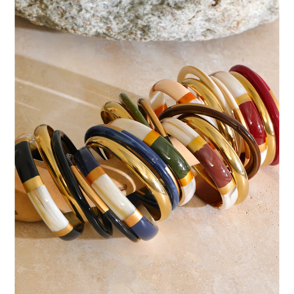 Isalene  Yhpup 65mm 1Set Stainless Steel Resin Round Layered Bangle Bracelet Multi-Color Autumn Winter Statement Jewelry Waterproof