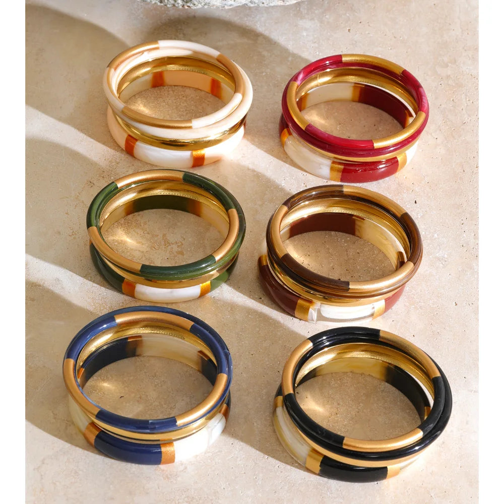Isalene  Yhpup 65mm 1Set Stainless Steel Resin Round Layered Bangle Bracelet Multi-Color Autumn Winter Statement Jewelry Waterproof