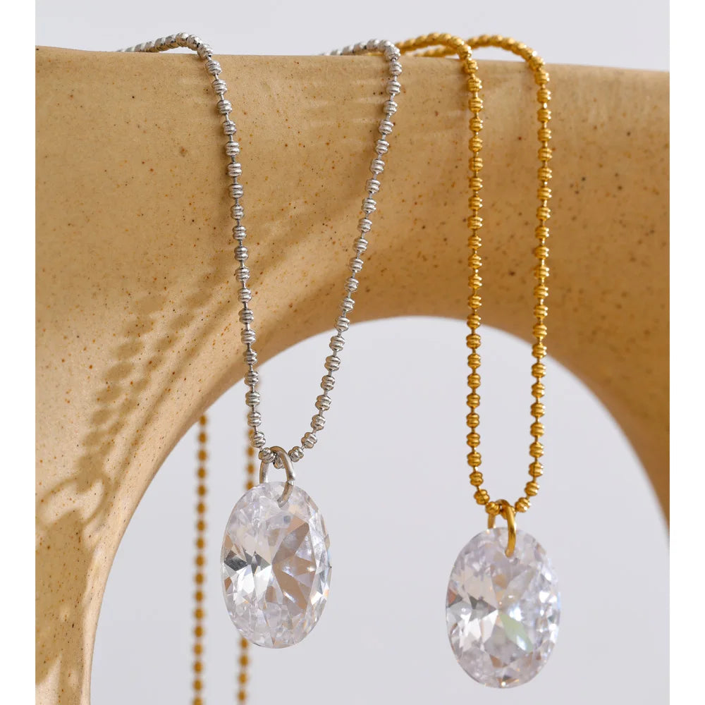 Isalene  Yhpup AAA Shiny Bling Cubic Zirconia Oval Necklace Pendant Stainless Steel Chain Collar Premium Jewelry Waterproof