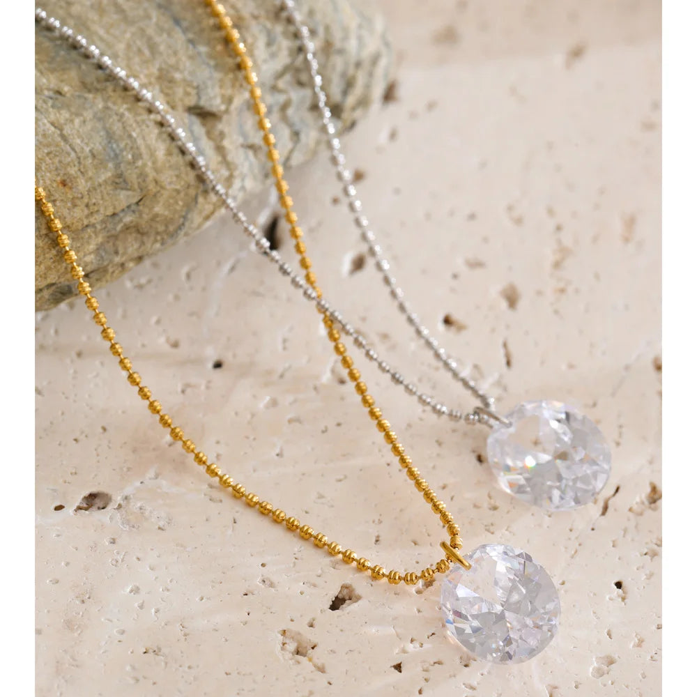 Isalene  Yhpup AAA Shiny Bling Cubic Zirconia Oval Necklace Pendant Stainless Steel Chain Collar Premium Jewelry Waterproof