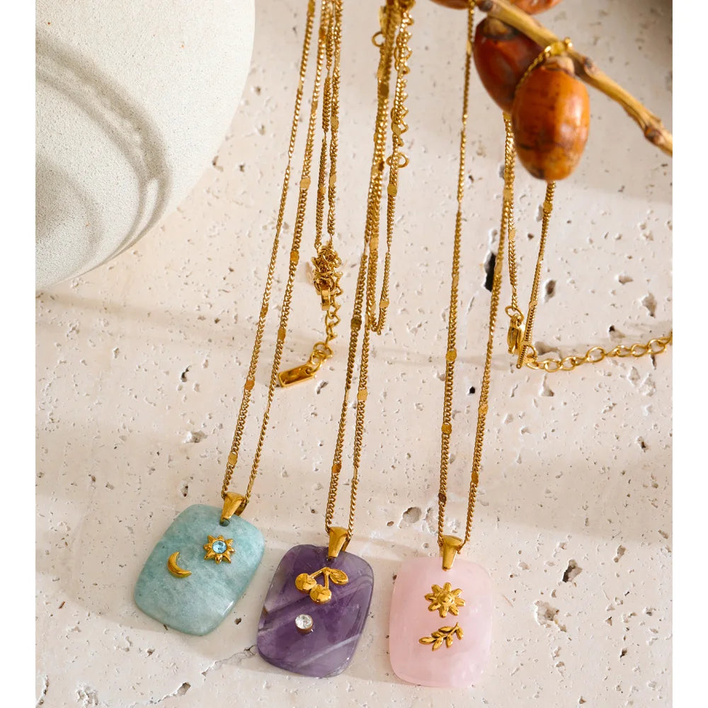 Isalene  Yhpup Natural Stone Amazonite Amethyst Pink Quartz Star Moon Rectangle Pendant Necklace Stainless Steel French Jewelry Gift