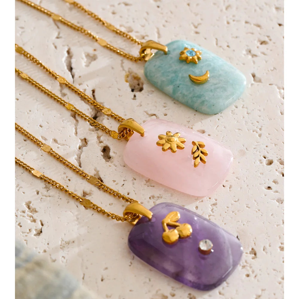 Isalene  Yhpup Natural Stone Amazonite Amethyst Pink Quartz Star Moon Rectangle Pendant Necklace Stainless Steel French Jewelry Gift