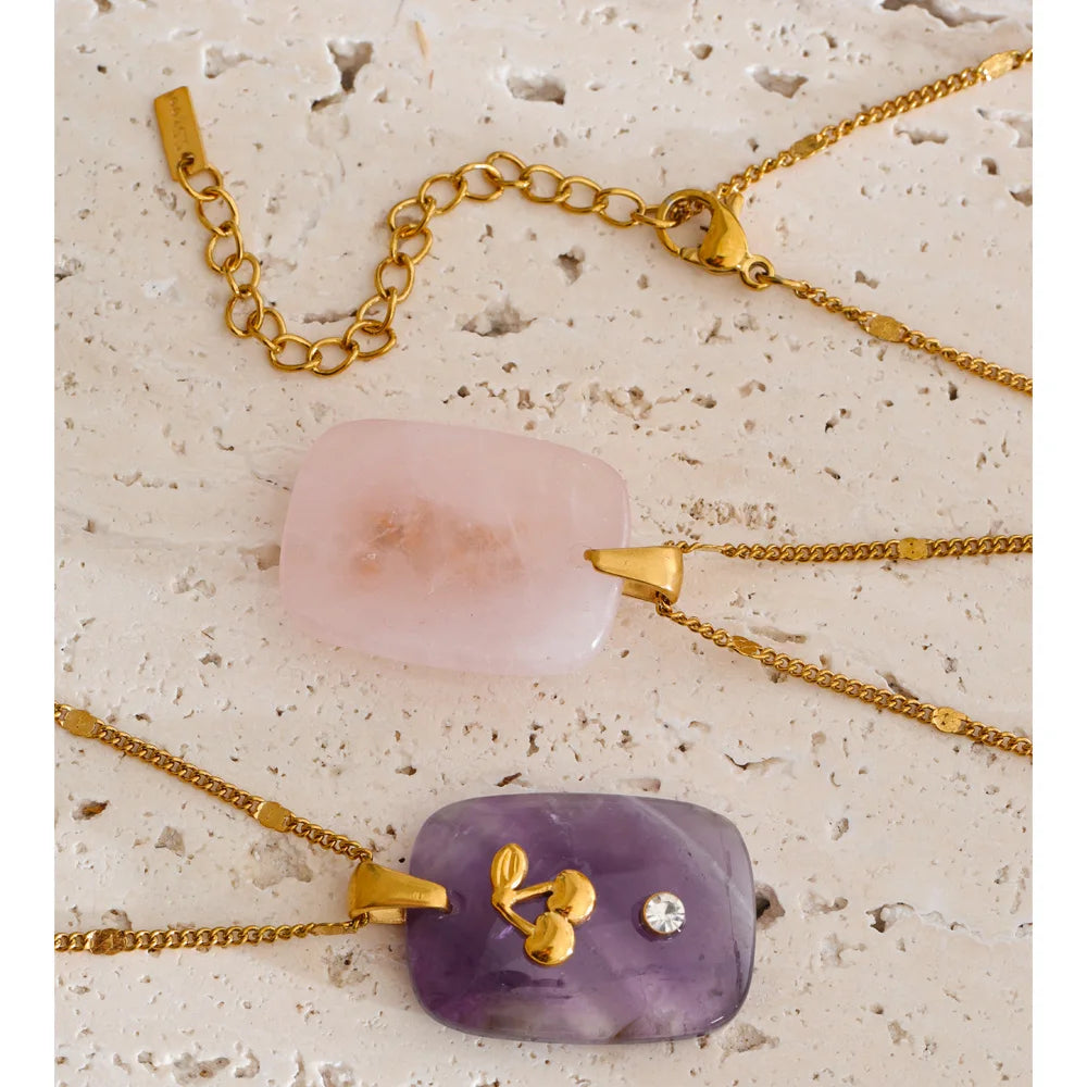 Isalene  Yhpup Natural Stone Amazonite Amethyst Pink Quartz Star Moon Rectangle Pendant Necklace Stainless Steel French Jewelry Gift