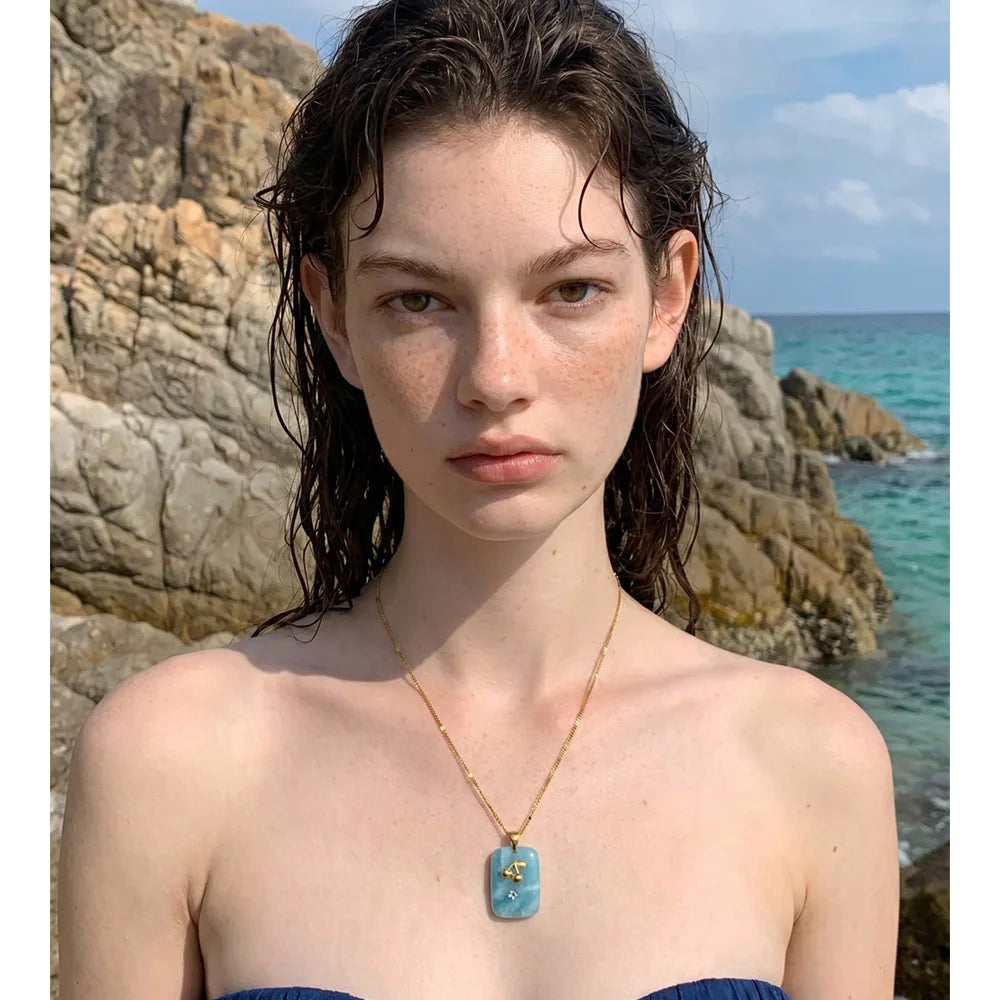 Isalene  Yhpup Natural Stone Amazonite Amethyst Pink Quartz Star Moon Rectangle Pendant Necklace Stainless Steel French Jewelry Gift