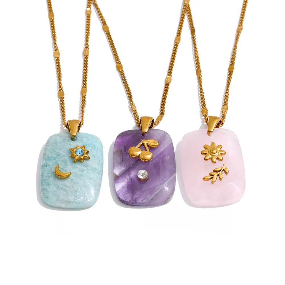 Isalene  Yhpup Natural Stone Amazonite Amethyst Pink Quartz Star Moon Rectangle Pendant Necklace Stainless Steel French Jewelry Gift