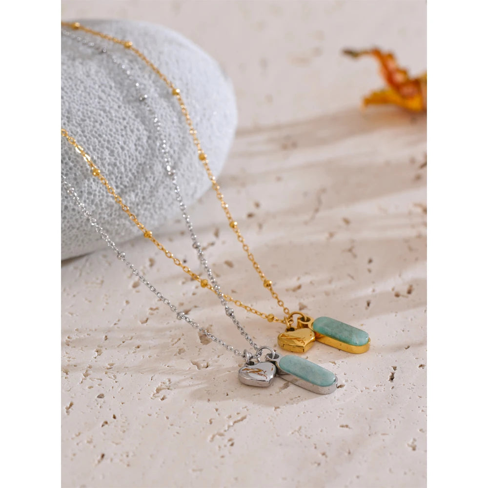Isalene  Yhpup Popular Natural Amazonite Stone Heart Oval Drop Necklace Women Stainless Steel Polished Waterproof Fashion Jewelry Gift