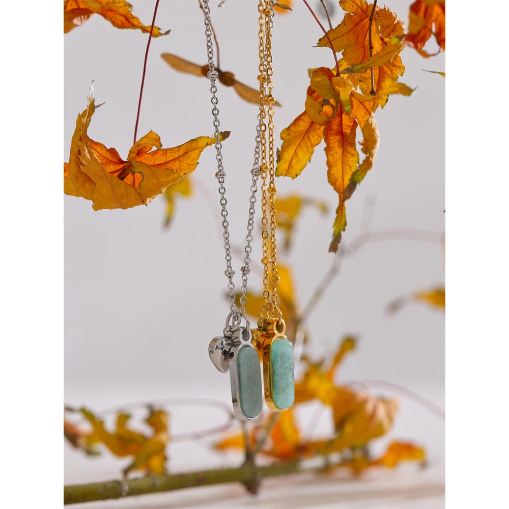 Isalene  Yhpup Popular Natural Amazonite Stone Heart Oval Drop Necklace Women Stainless Steel Polished Waterproof Fashion Jewelry Gift