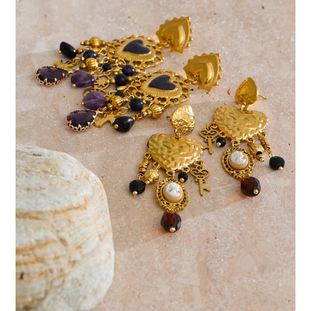 Isalene  Yhpup Vintage Stainless Steel Heart Cross Key Charm Pendant Drop Earrings Golden Plated Crystal Resin Stone Waterproof Jewelry