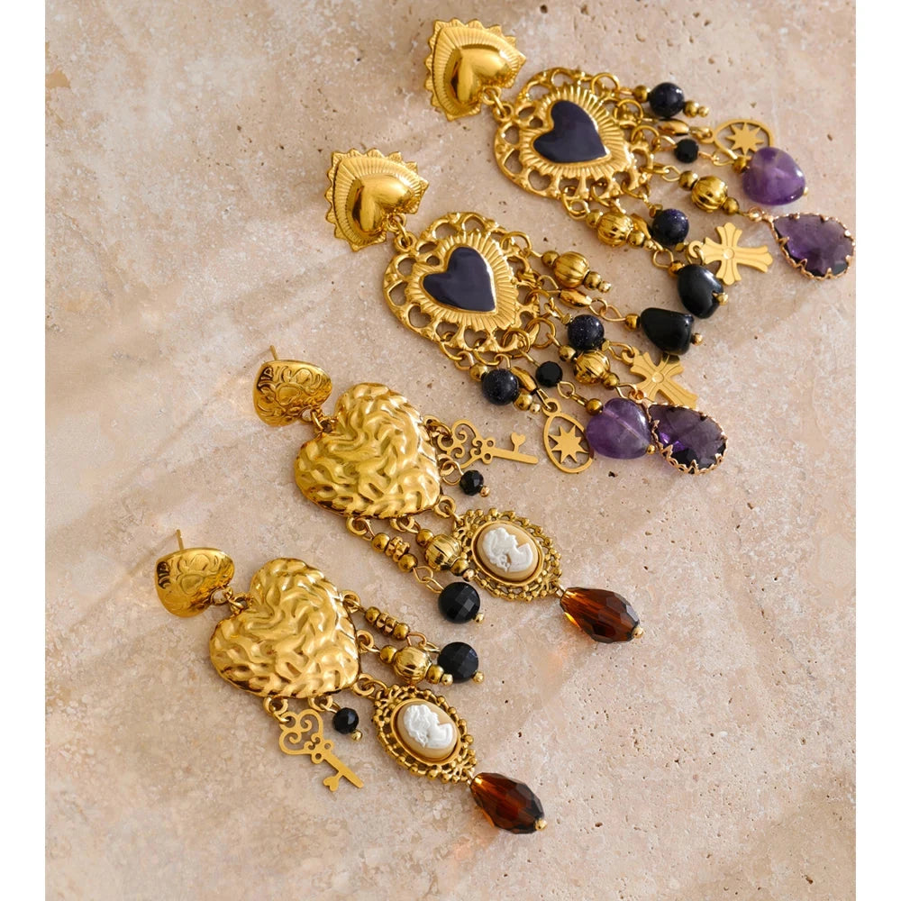 Isalene  Yhpup Vintage Stainless Steel Heart Cross Key Charm Pendant Drop Earrings Golden Plated Crystal Resin Stone Waterproof Jewelry