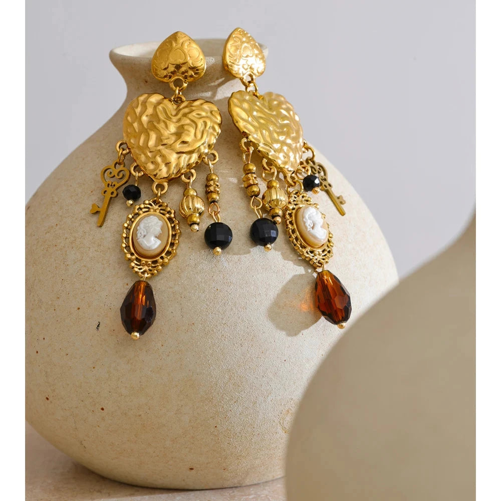 Isalene  Yhpup Vintage Stainless Steel Heart Cross Key Charm Pendant Drop Earrings Golden Plated Crystal Resin Stone Waterproof Jewelry