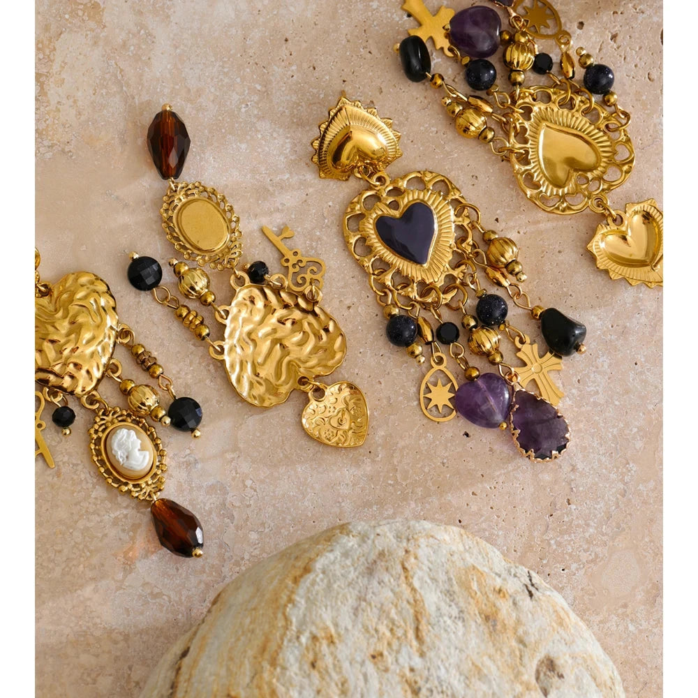 Isalene  Yhpup Vintage Stainless Steel Heart Cross Key Charm Pendant Drop Earrings Golden Plated Crystal Resin Stone Waterproof Jewelry